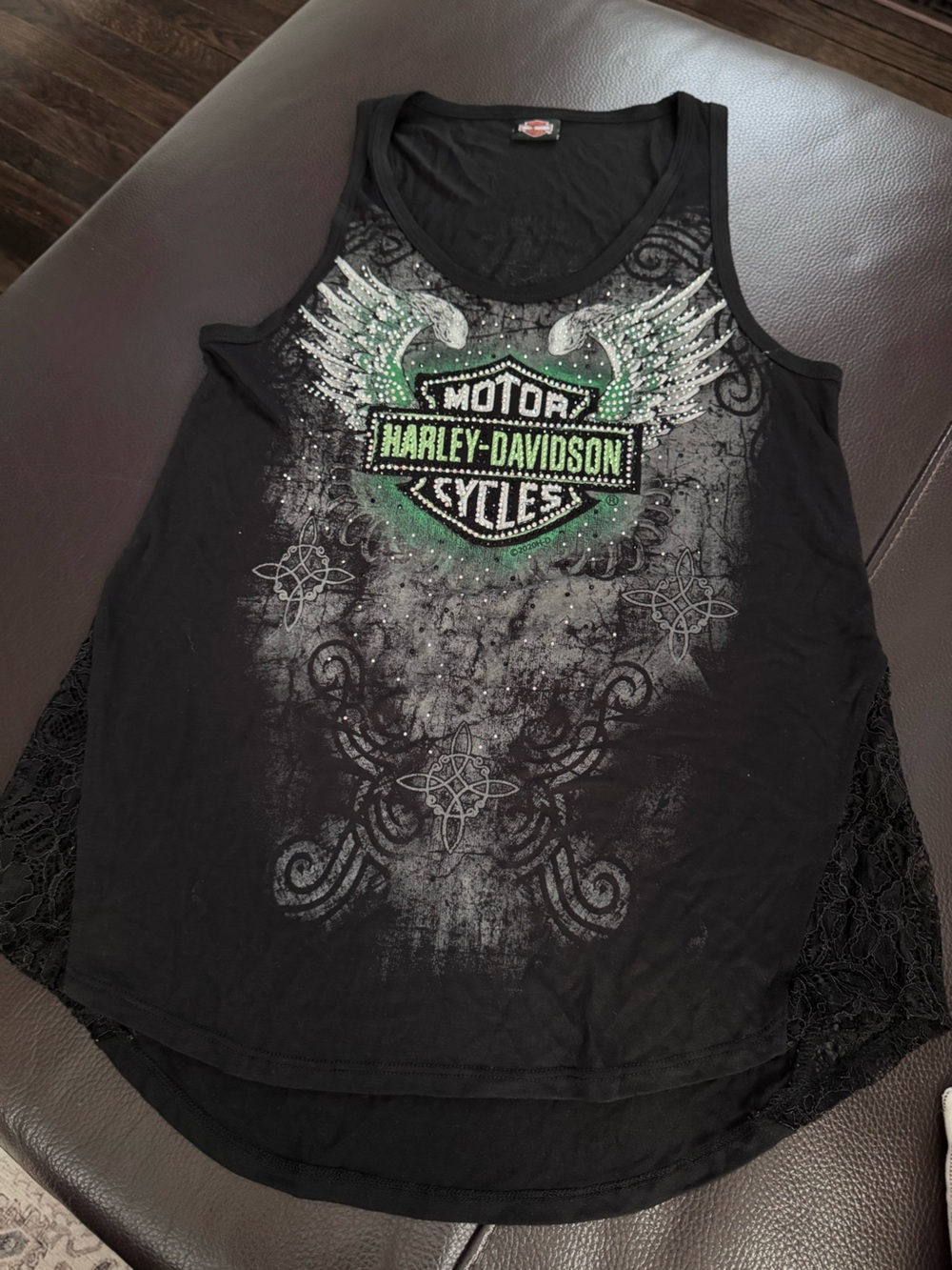 Harley-Davidson Black Tee with Green & Silver Studded Wing Graphic